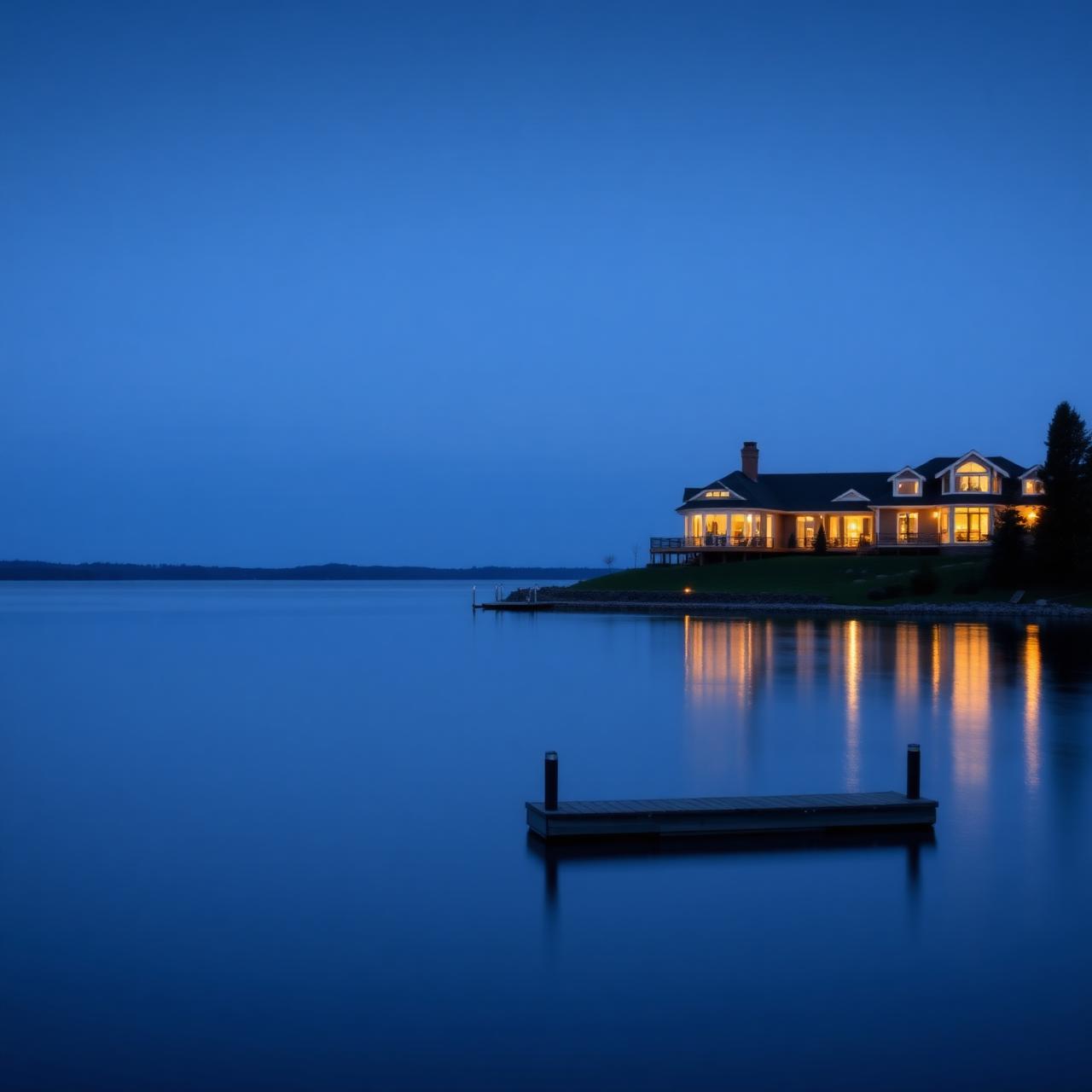 Lakefront home at twilight on Lake St. Clair