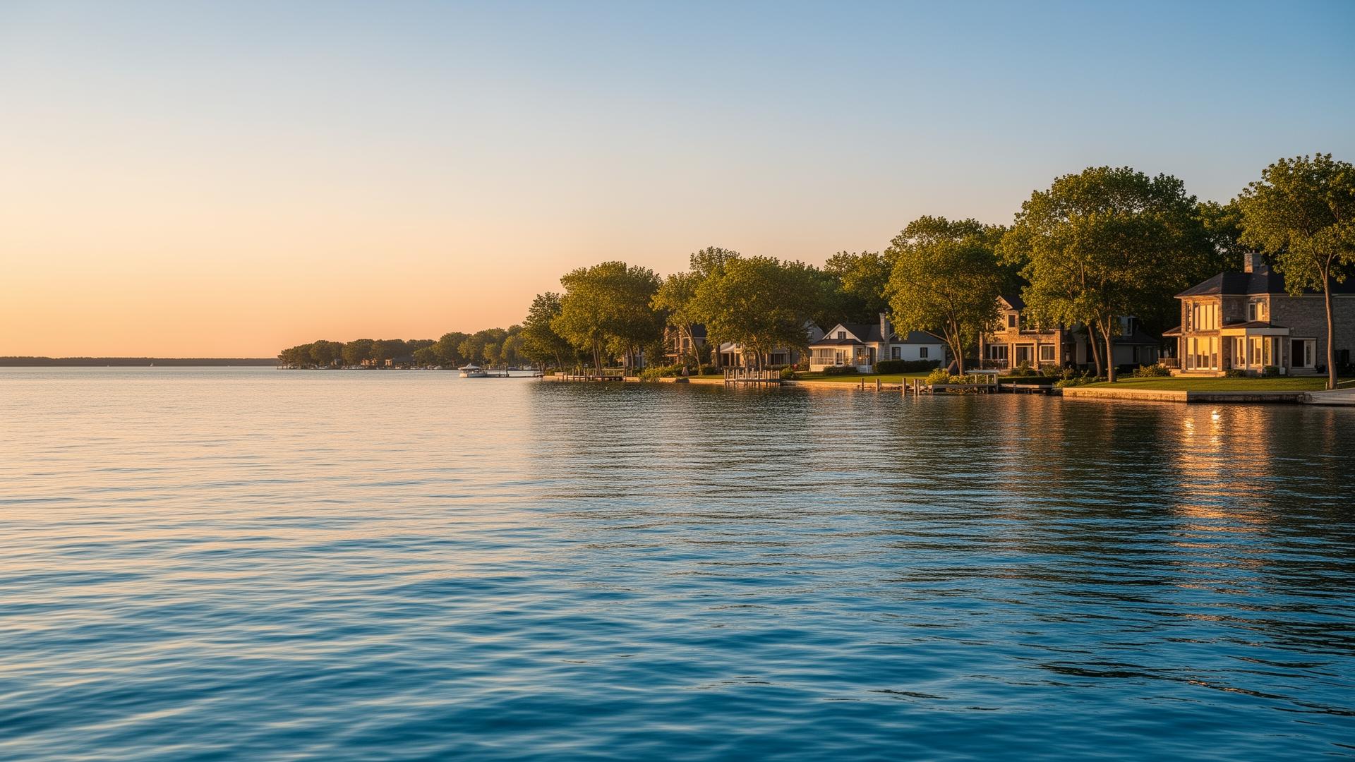 Waterfront homes on Lake St. Clair at golden hour